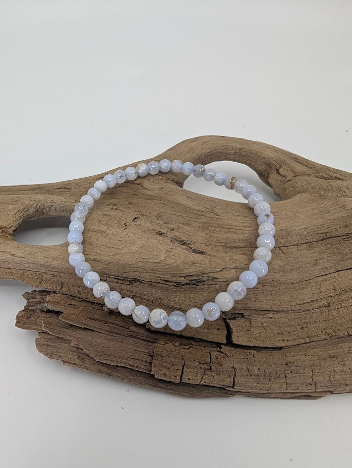 4mm Blue Lace Agate bracelet showing pastel blue and white banding