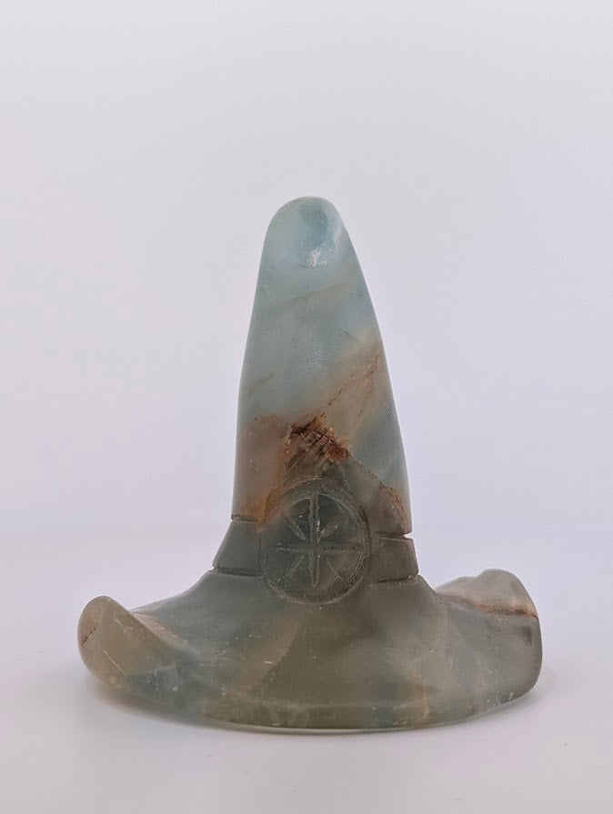 Blue onyx witch hat carving – front view