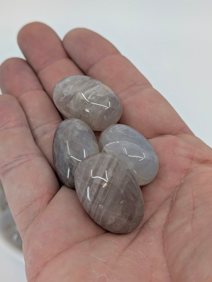 Blue Rose Quartz tumbles in hand for size reference