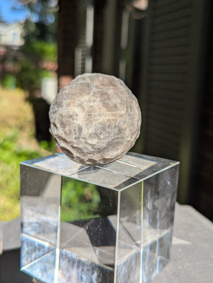A 50 mm (1.97 in) Brown Moonstone carved moon sphere exhibiting a soft, sweeping adularescent glow.