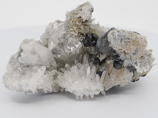 Full specimen shot of rare Burmese black pyrite and galena on needle quartz.