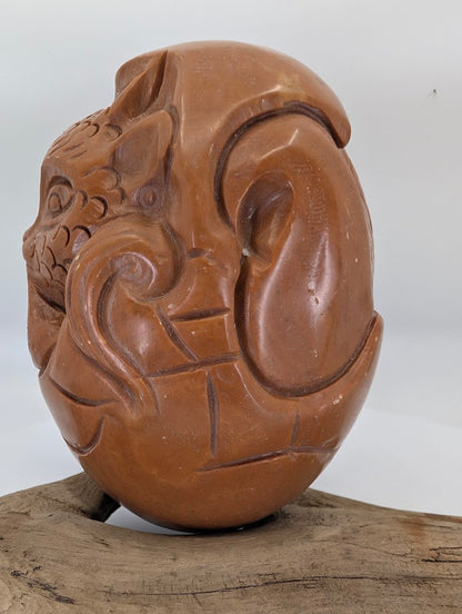 Side view of the Caramel Shoushan Dragon emphasizing the "soapy" tactile quality of the pyrophyllite.