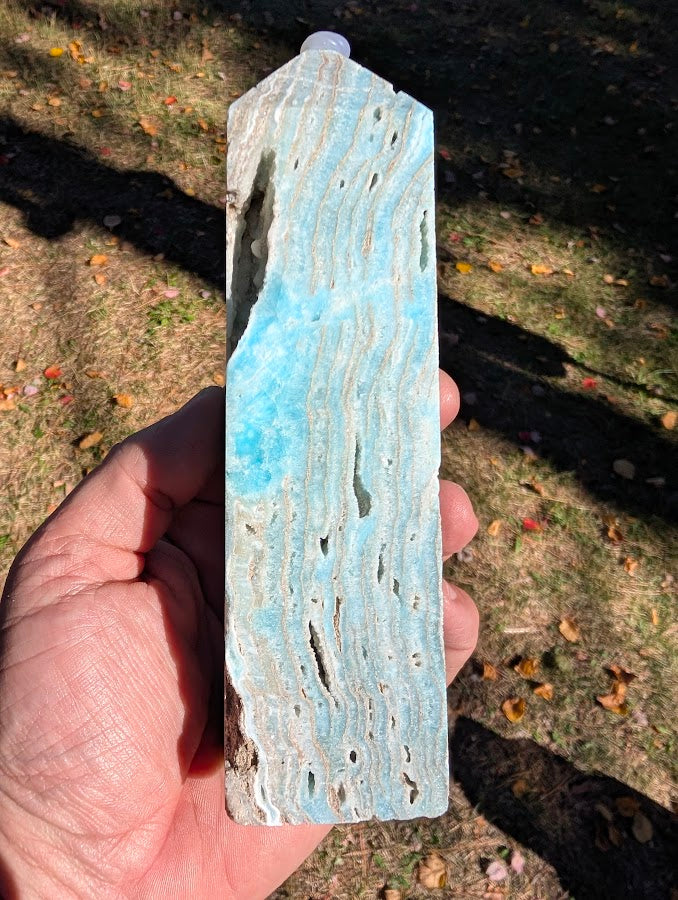 Caribbean Calcite Tower #5 front view — large polished tower with aqua-blue calcite and aragonite