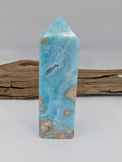 Caribbean Calcite polished tower approx. 3 inches tall with soft blue calcite and natural aragonite inclusions