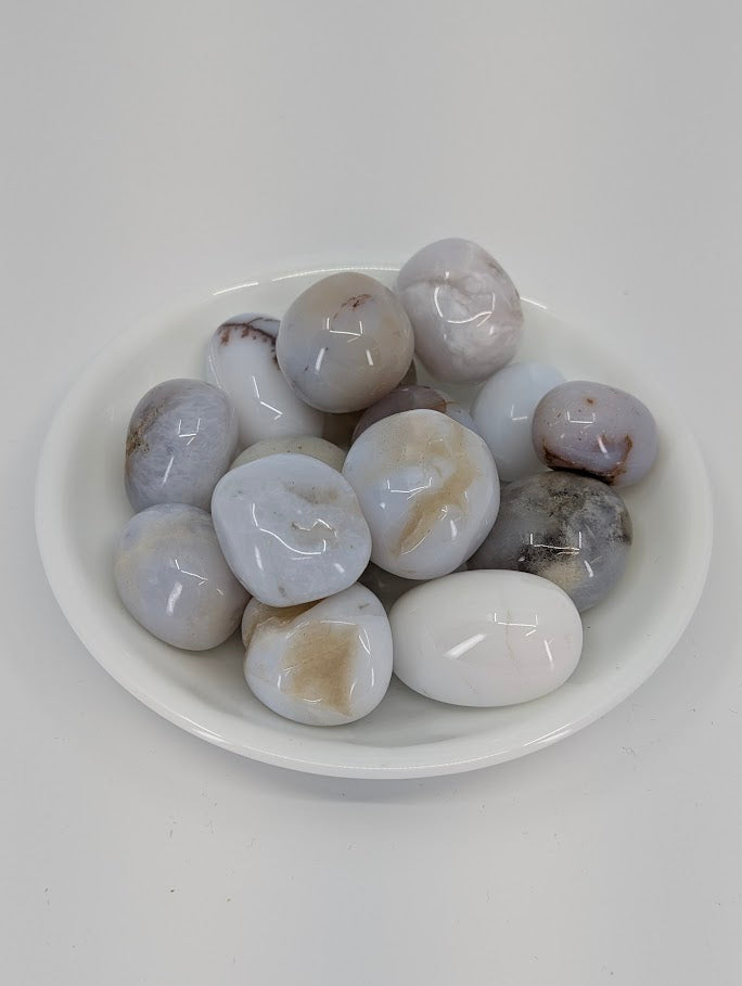 Chalcedony tumbled stones A grade in bowl