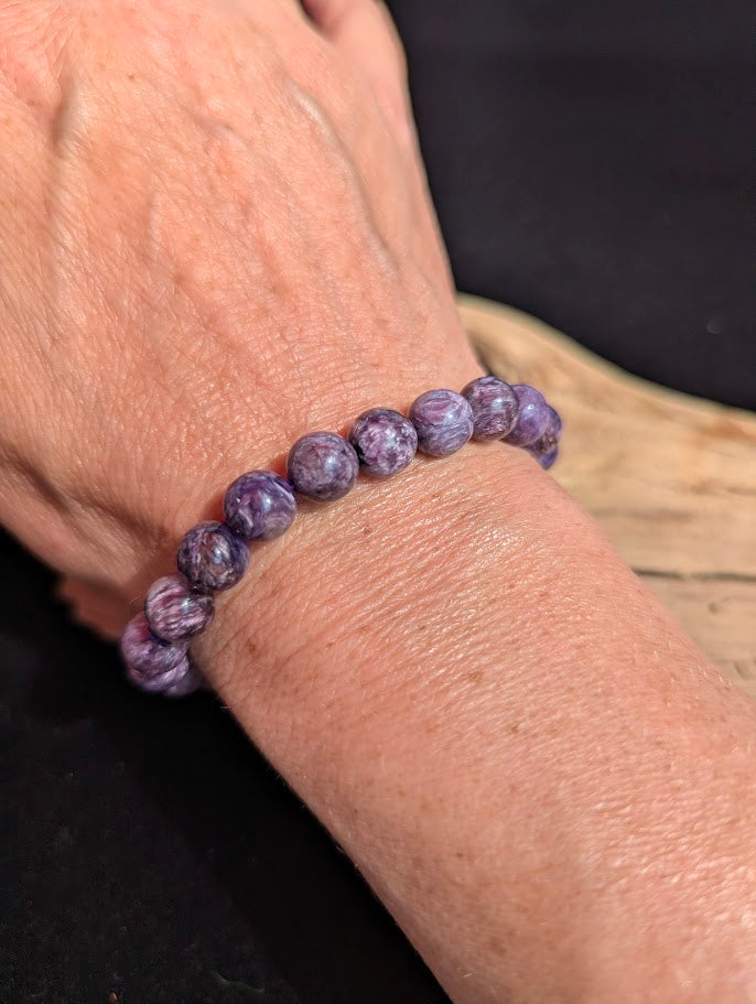 Intuitively selected 9mm AAA grade Siberian Charoite beaded stretch bracelet