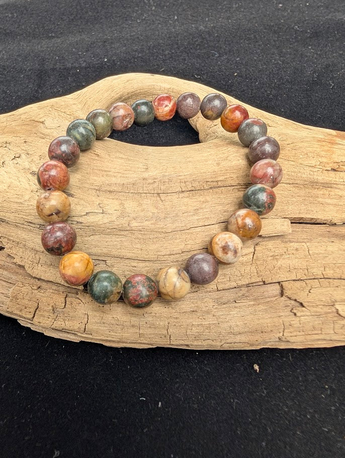 8mm polished Cherry Creek Jasper beaded stretch bracelet resting on a driftwood display, showing multi-coloured earthy tones.