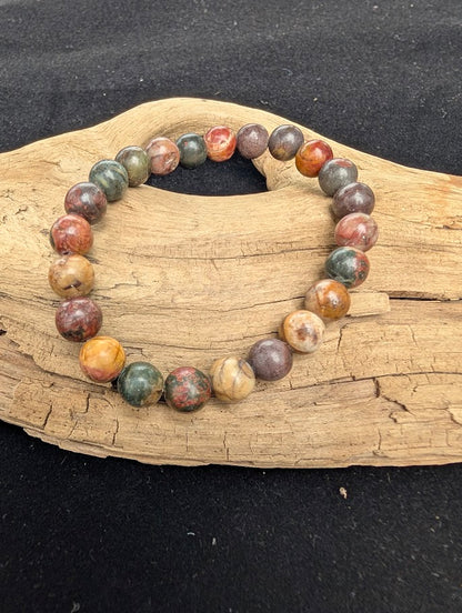 8mm polished Cherry Creek Jasper beaded stretch bracelet resting on a driftwood display, showing multi-coloured earthy tones.
