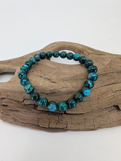 8 mm Chrysocolla bracelet showing blue-green patterning