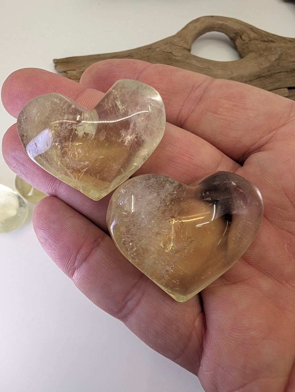 Natural Citrine Heart from DR Congo, 35g. Polished honey-gold quartz with internal veils and phantoms.