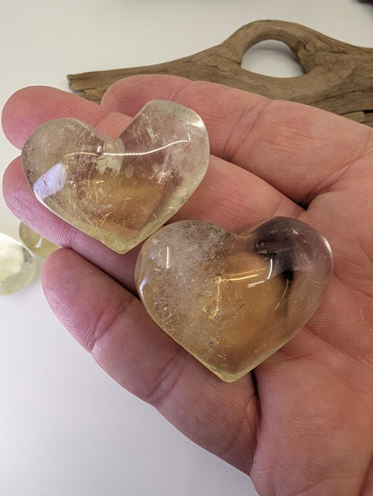 Natural Citrine Heart from DR Congo, 35g. Polished honey-gold quartz with internal veils and phantoms.