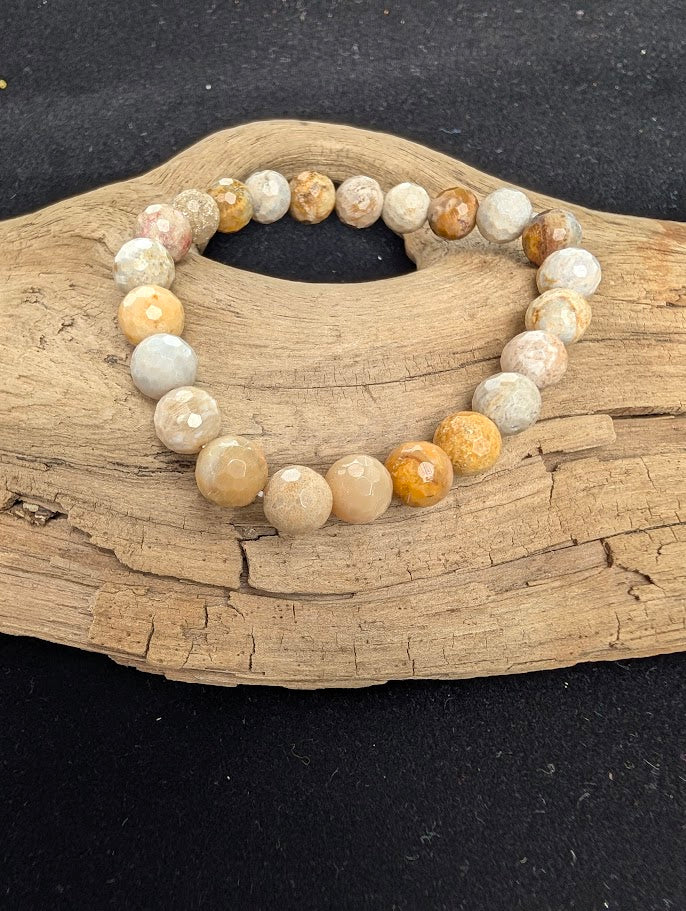 8mm faceted Coral Jade beaded stretch bracelet resting on a driftwood display, showing earthy peach, tan, and cream fossil patterns.