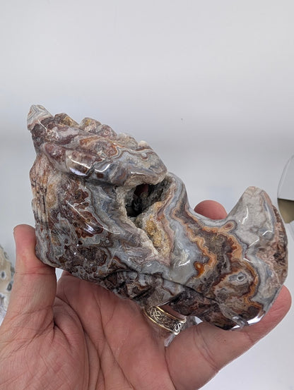 Crazy Lace Agate Dragon Head Variant C, 635g, detailed banding with rugged texture