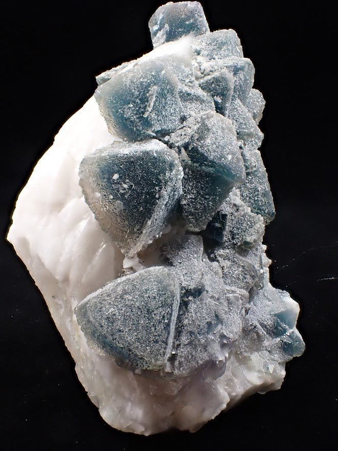 Crowned in Frost: Octahedral Blue Fluorite on Candle Quartz - Legacy Crystals and Minerals