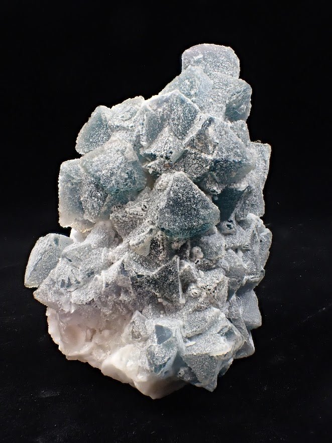 Crowned in Frost: Octahedral Blue Fluorite on Candle Quartz - Legacy Crystals and Minerals