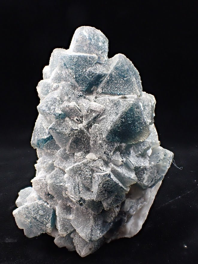 Crowned in Frost: Octahedral Blue Fluorite on Candle Quartz - Legacy Crystals and Minerals