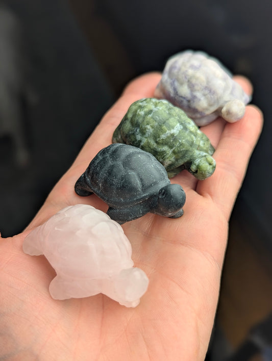 Four crystal tortoise carvings lined up in an open hand, showcasing distinct mineral varieties including black obsidian, green jade, and rose quartz.