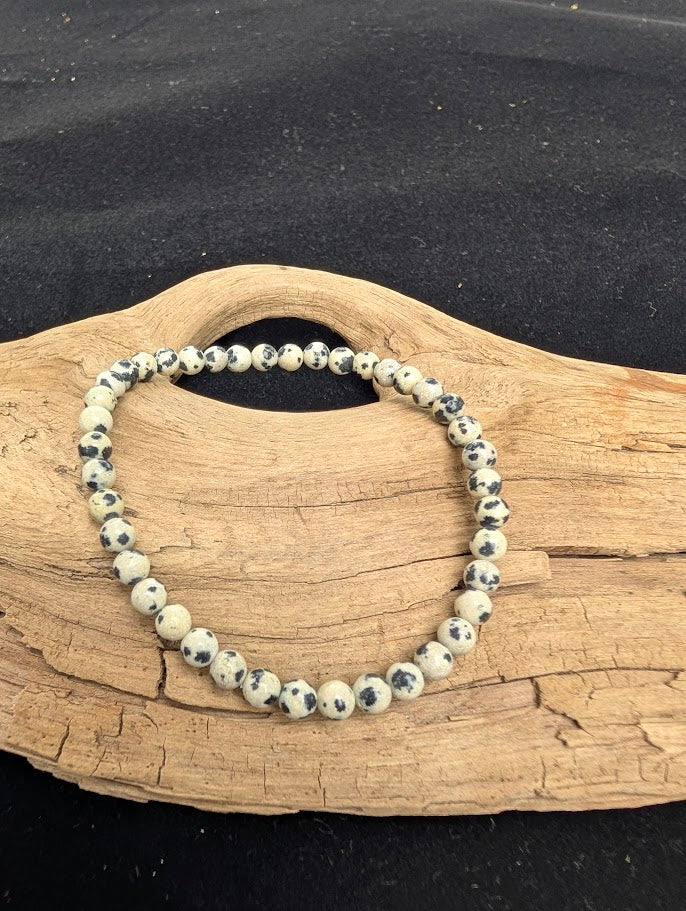 4mm polished Dalmatian Jasper beaded stretch bracelet resting on a driftwood display, showing a creamy pale matrix with distinct black spots.