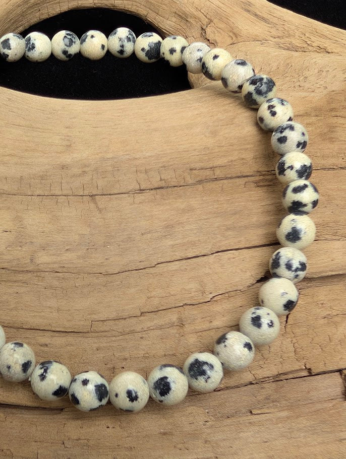 Macro close-up of 4mm polished Dalmatian Jasper beads highlighting the high-gloss finish and natural black arfvedsonite mineral inclusions.