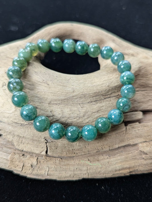 8mm High-Quality Dark Moss Agate gemstone bracelet displayed on weathered natural driftwood, showing translucent green dendritic patterns.