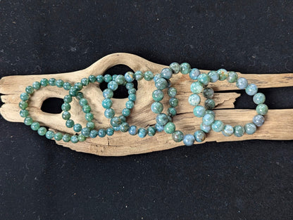 Full lineup of Dark Moss Agate gemstone bracelets across all sizing variants arranged side-by-side on natural driftwood.