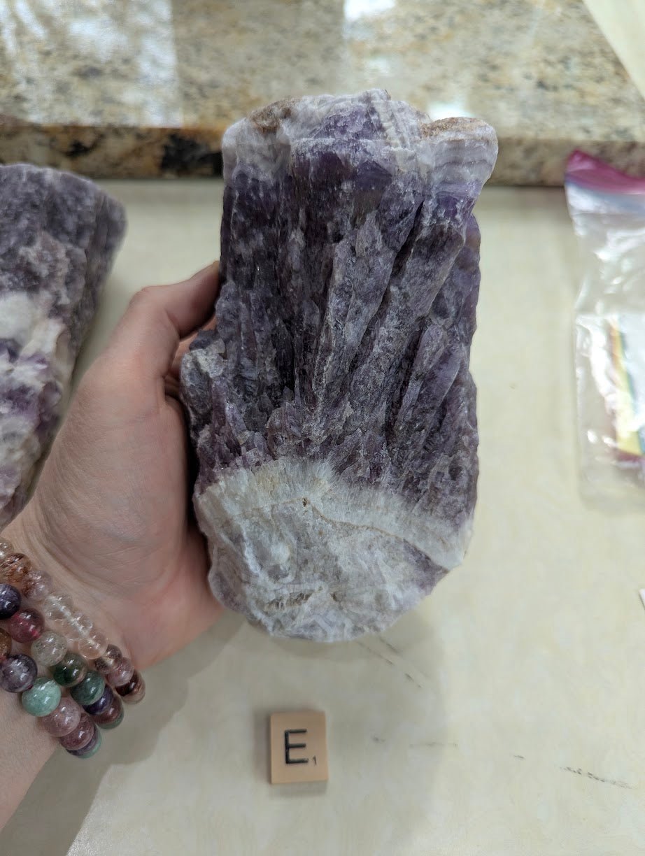 Hand holding a raw Dream Amethyst specimen, showing a distinct milky white quartz base transitioning into deep purple crystal.