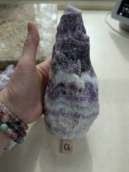 Large raw Dream Amethyst chunk held in hand, showing prominent contrast between deep purple and milky white bands.