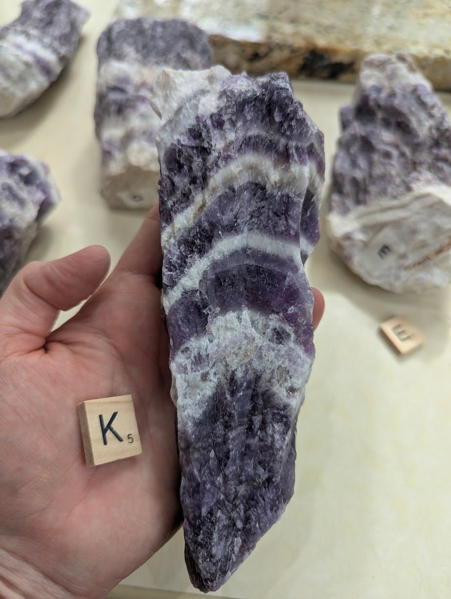 Raw Dream Amethyst specimen held in hand, displaying highly contrasting white quartz and dark purple chevron banding across the front face.