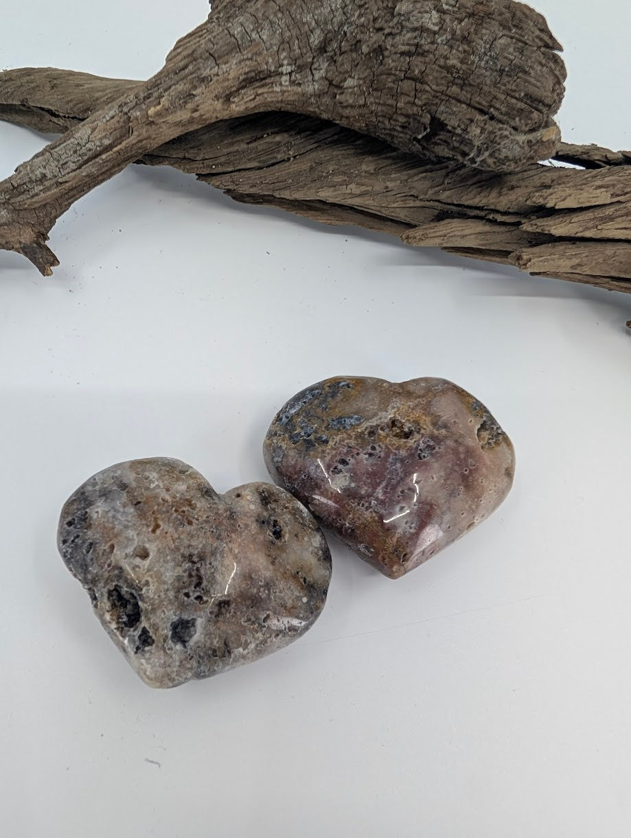 Pair of Brown Sphalerite hearts with natural druzy crystal pockets.