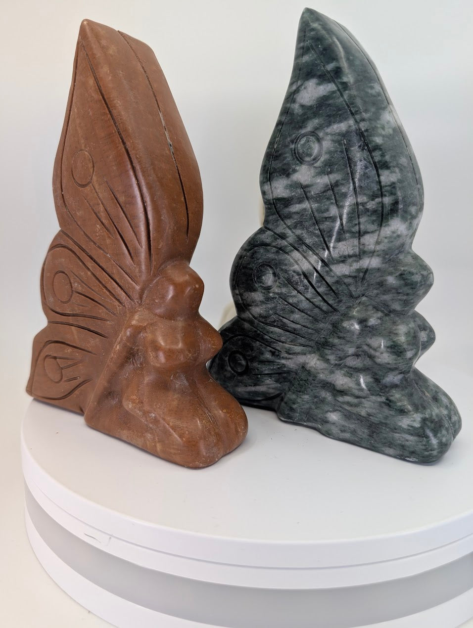 Group photo of three Fairy Goddess carvings in Jasper and Jade