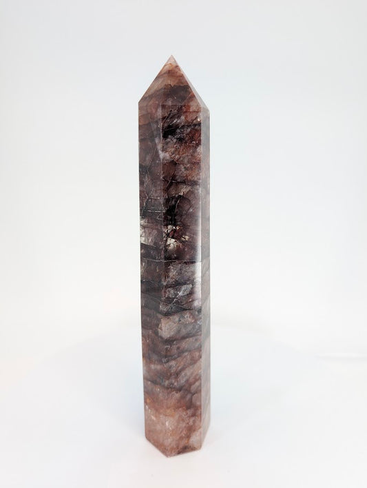Hematoid Quartz tower with layered hematite veils