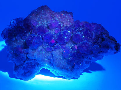 Xia Yang Mine Fluorite specimen glowing bright blue under UV ultraviolet light.