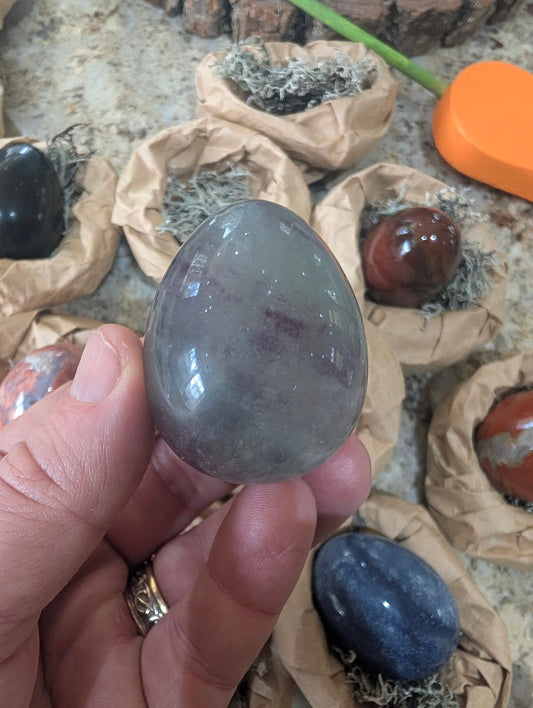 A 2-inch polished Fluorite egg held in a hand, displaying muted greyish-purple tones and smooth natural stone texture.