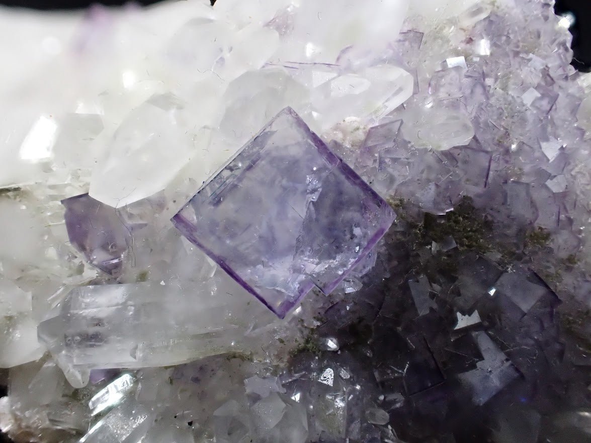 Fluorite on Quartz with Chlorite and UV Fluorescence – Yaogangxian Mine, Hunan, China - Legacy Crystals and Minerals