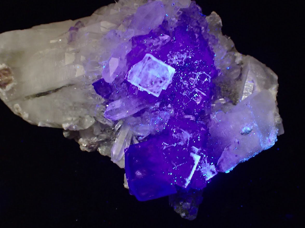 Fluorite on Quartz with Chlorite and UV Fluorescence – Yaogangxian Mine, Hunan, China - Legacy Crystals and Minerals