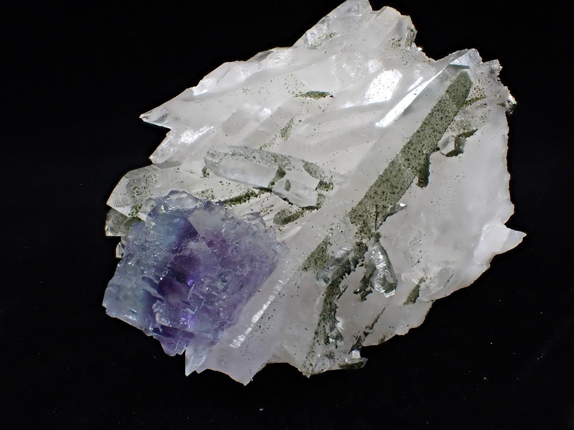 Fluorite on Quartz with Chlorite Inclusions and Pyrite – Yaogangxian Mine, Hunan, China - Legacy Crystals and Minerals