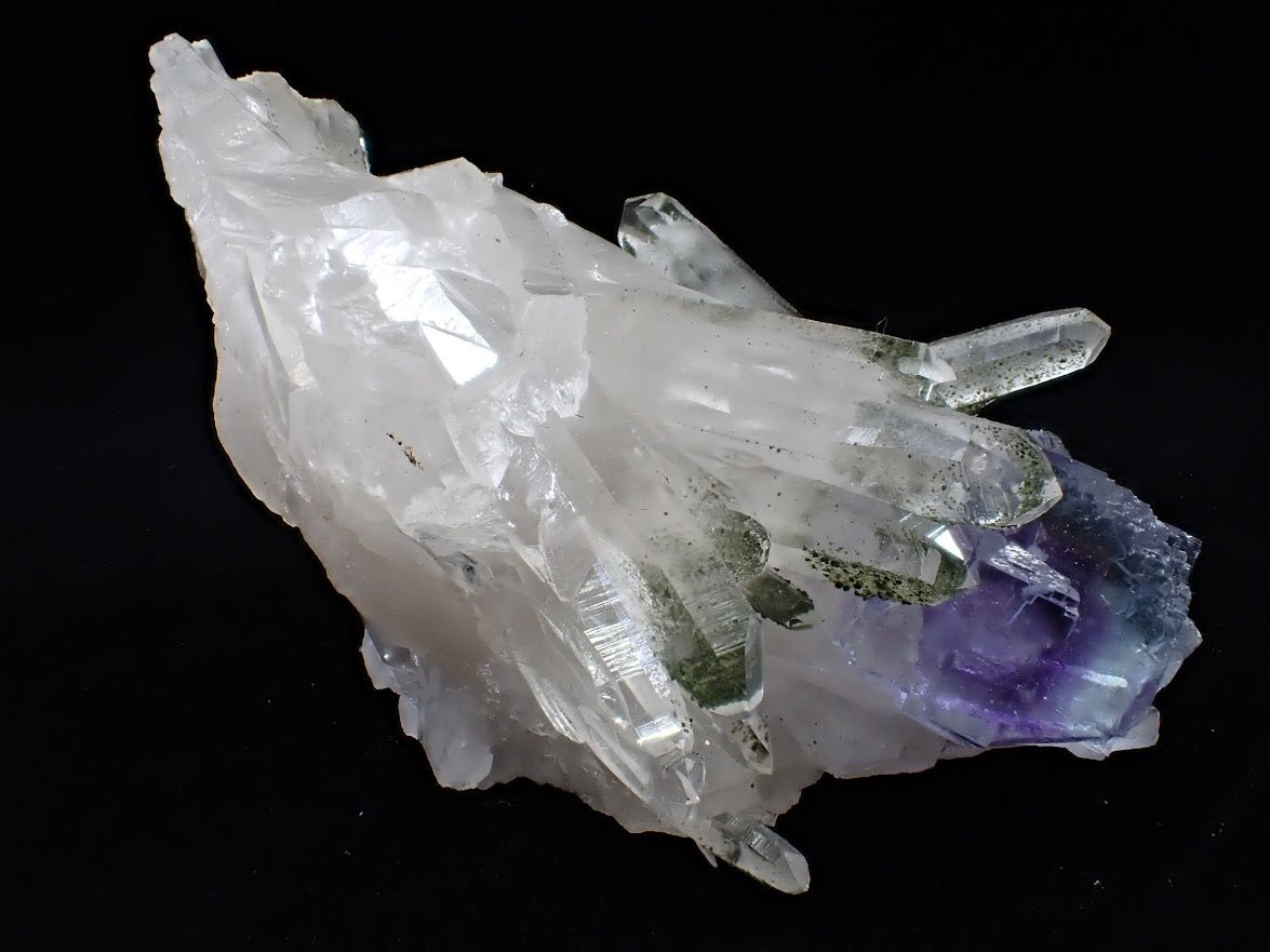 Fluorite on Quartz with Chlorite Inclusions and Pyrite – Yaogangxian Mine, Hunan, China - Legacy Crystals and Minerals