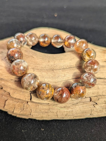 Intuitively selected 13mm AA Grade Four Season Garden Quartz beaded stretch bracelet resting on driftwood, showing large collector-grade spheres.