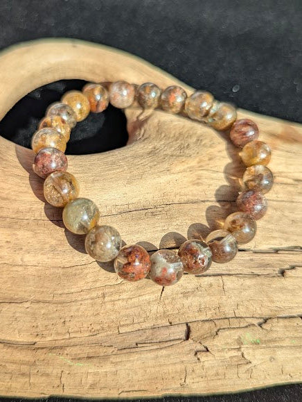Intuitively selected 8mm AA Grade Four Season Garden Quartz beaded stretch bracelet displayed on driftwood, showing highly transparent quartz with multi-coloured inclusions.