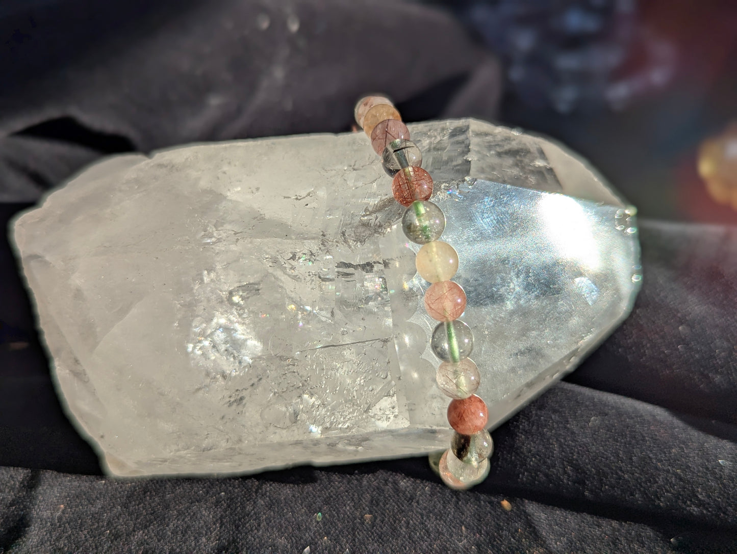 A 6mm Garden Quartz beaded bracelet worn on a wrist to demonstrate its 17cm (6.69") fit and natural colour saturation.