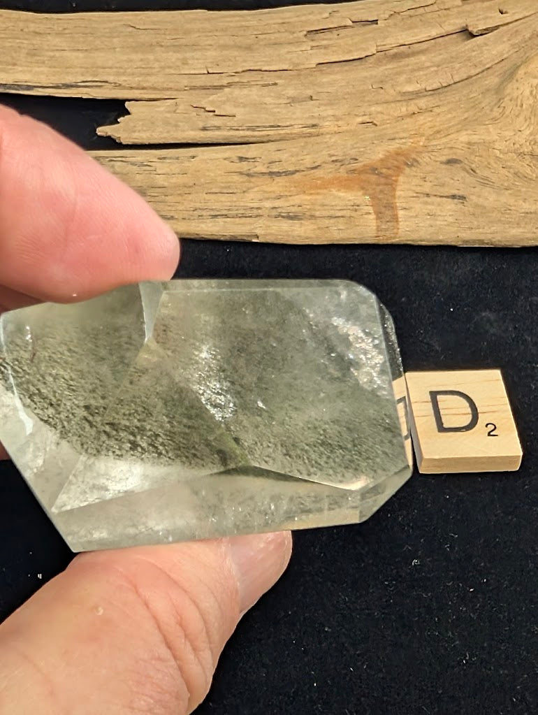 Reverse view of exact piece Garden Quartz faceted freeform, Variant D2, detailing the green chlorite formation.