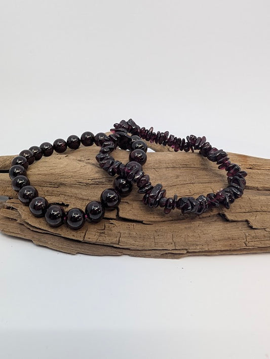 Garnet bracelets in 8mm round and chip on driftwood, glossy deep red