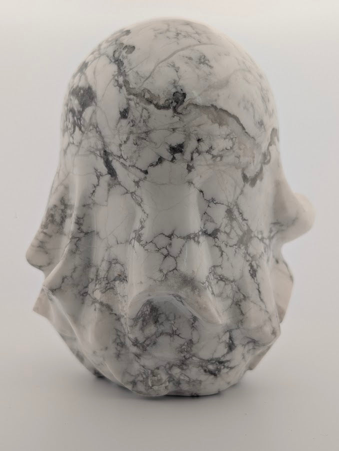 Hand-carved White Howlite ghost with grey veining, 4x3 inches, 600g