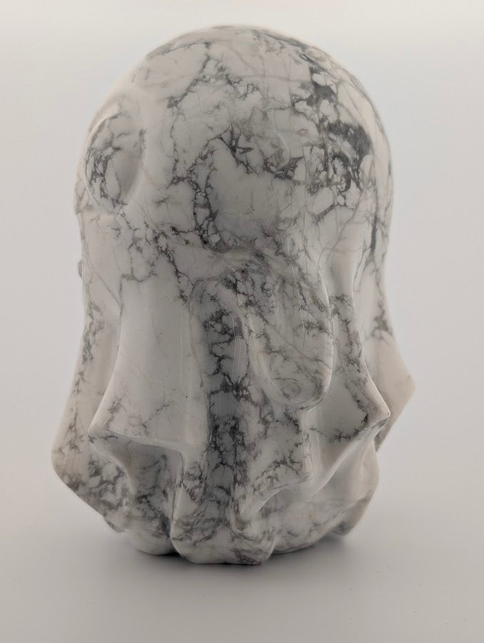 Hand-carved White Howlite ghost with grey veining, 4x3 inches, 600g