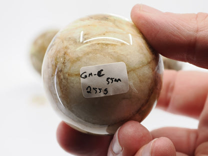 Close-up of Golden Mica sphere C showing 55mm size and 255g weight label against a creamy white and gold mica matrix.