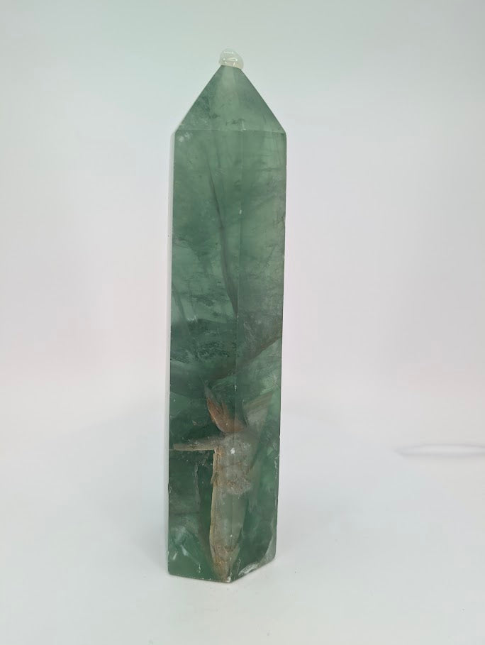 Green Fluorite tower – side profile showing internal clarity