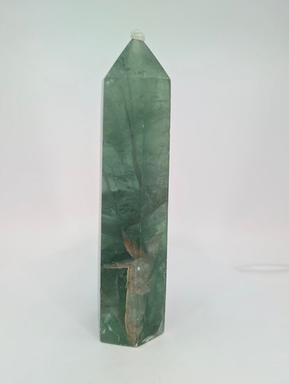 Green Fluorite tower – side profile showing internal clarity