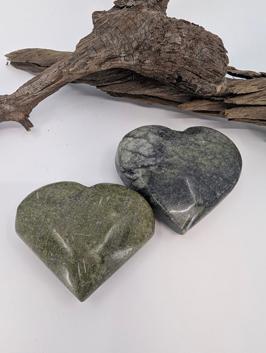 Pair of Green Jade hearts showing Olive Green and Midnight Forest variants.