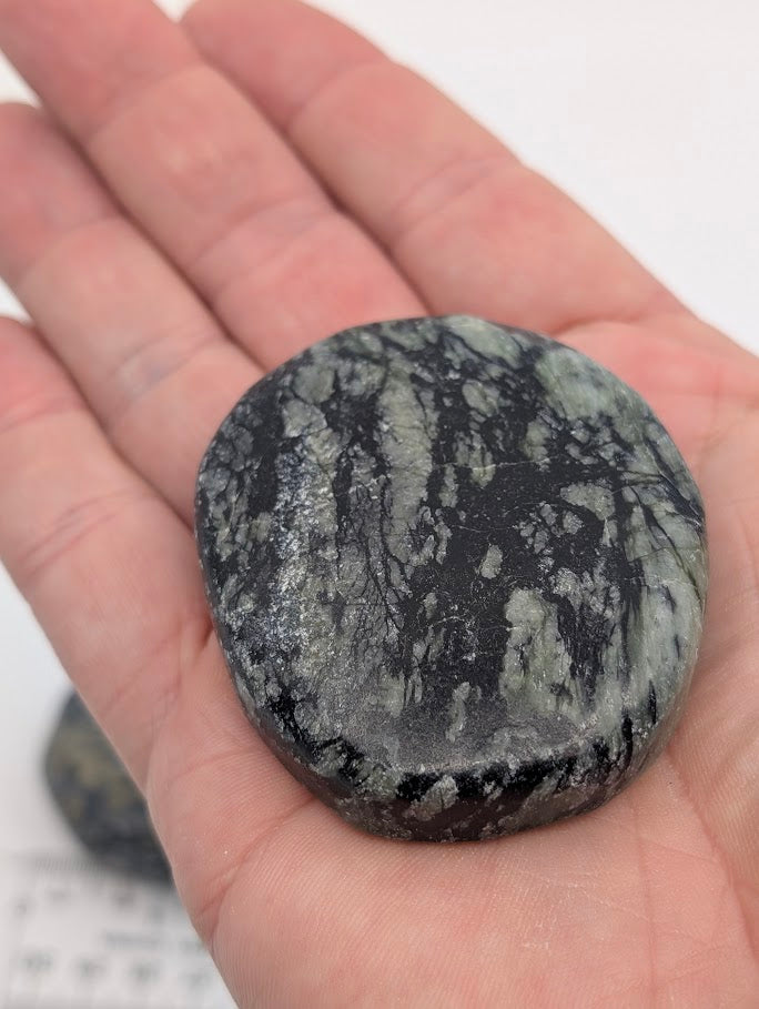 Green Jade Palm Stone in hand showing polish and grain detail