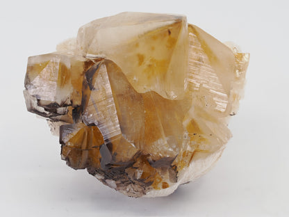 Front view of golden Honey Calcite cluster with dark "Chocolate" Sphalerite inclusions from China.